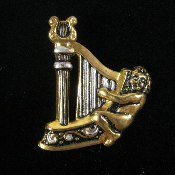 Harp Lyre Figure Brooch 1.2 In Pin Toledo Damascene STYLE Goldtone VTG Spain - Picture 3 of 5